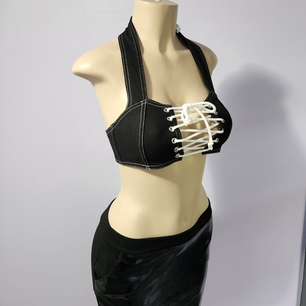Deadstock Dolls Kill Current Mood Jean Corset Halter Crop Top Size Small